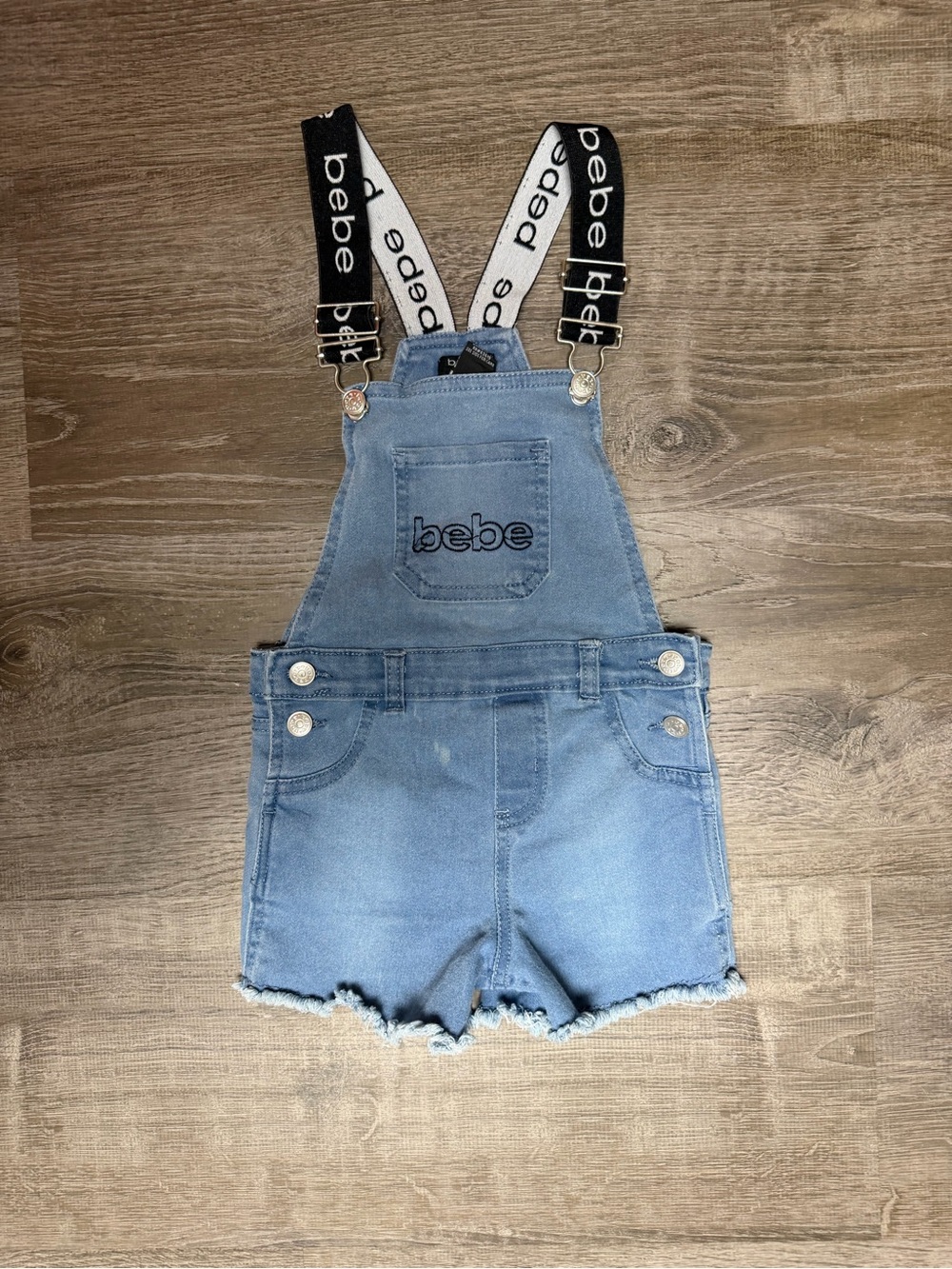 bebe Light Blue Denim Short Overalls with Logo Straps